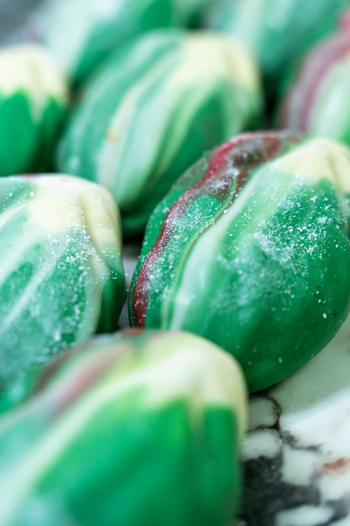 A pistachio pastry with its painted shell intact